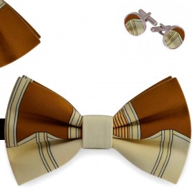 Set papion barbati, batista, butoni, bicolor, ocru deschis, bronz, imprimeuri abstracte